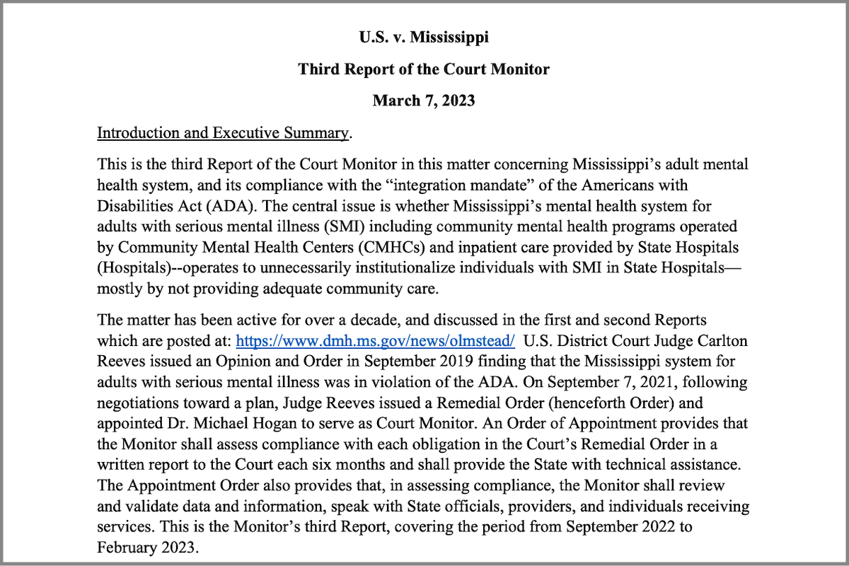Read more about the article Dr. Michael Hogan Releases Third Monitoring Report in US v. Mississippi Mental Health Lawsuit